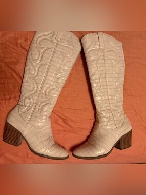 Cream Croc-Embossed Knee-High Boots